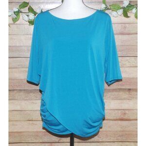 Worthington Teal Blue Blouse Size XXL Short Sleeve Stretch Ruched Waistline
